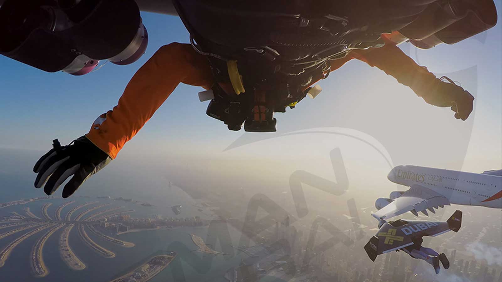 Jetman Xdubai flying over Dubai Marina with A380