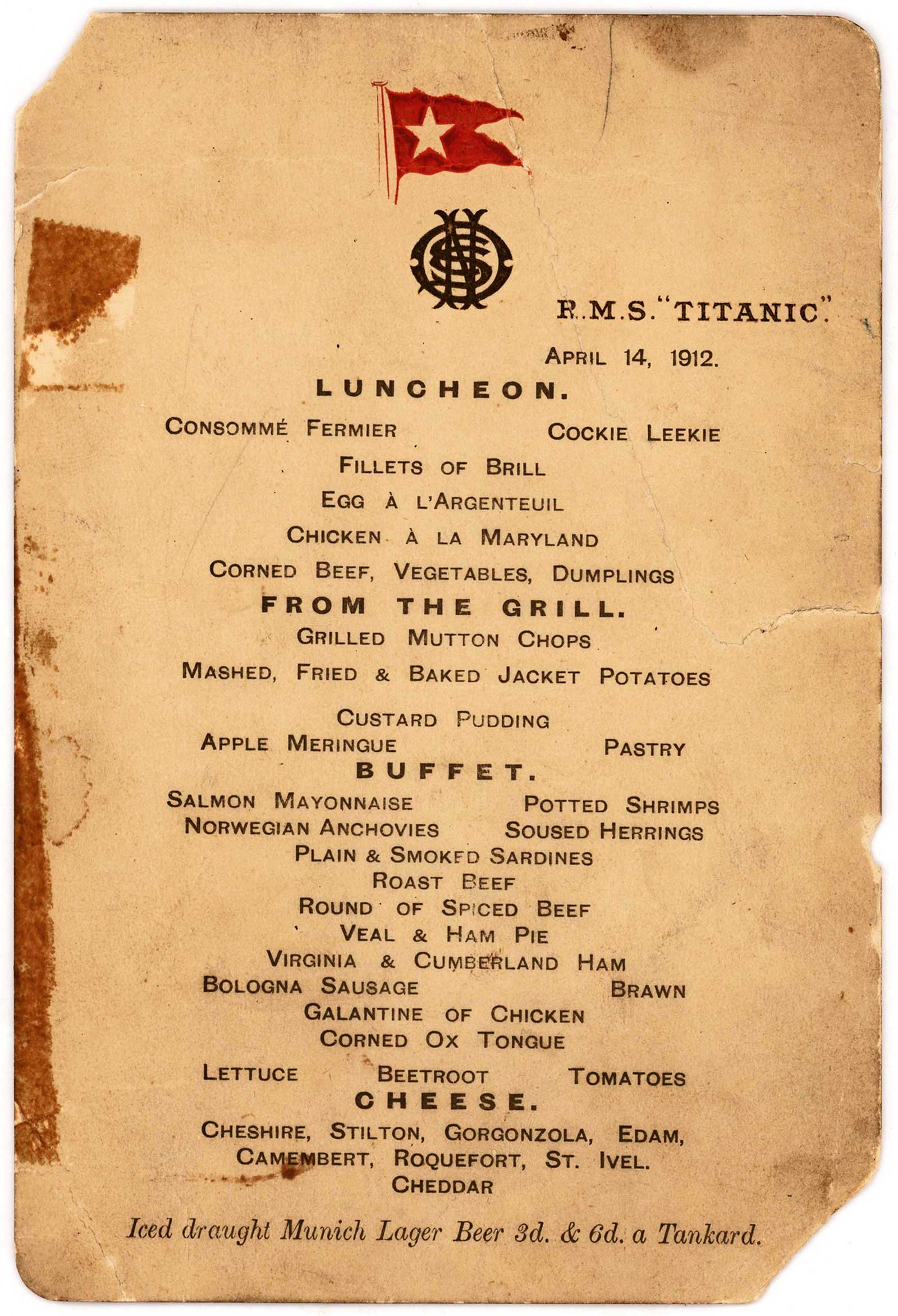 Titanic lunch menu auction