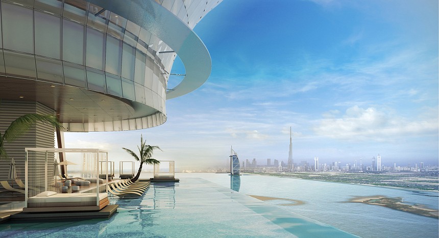 Aura Sky Pool Dubai - Swim in the Sky, dubai, palm jumairah view, burj al arab view, infinity pool, iconic design, beautiful view, sunbeds, luxury living, luxury travel, news, 