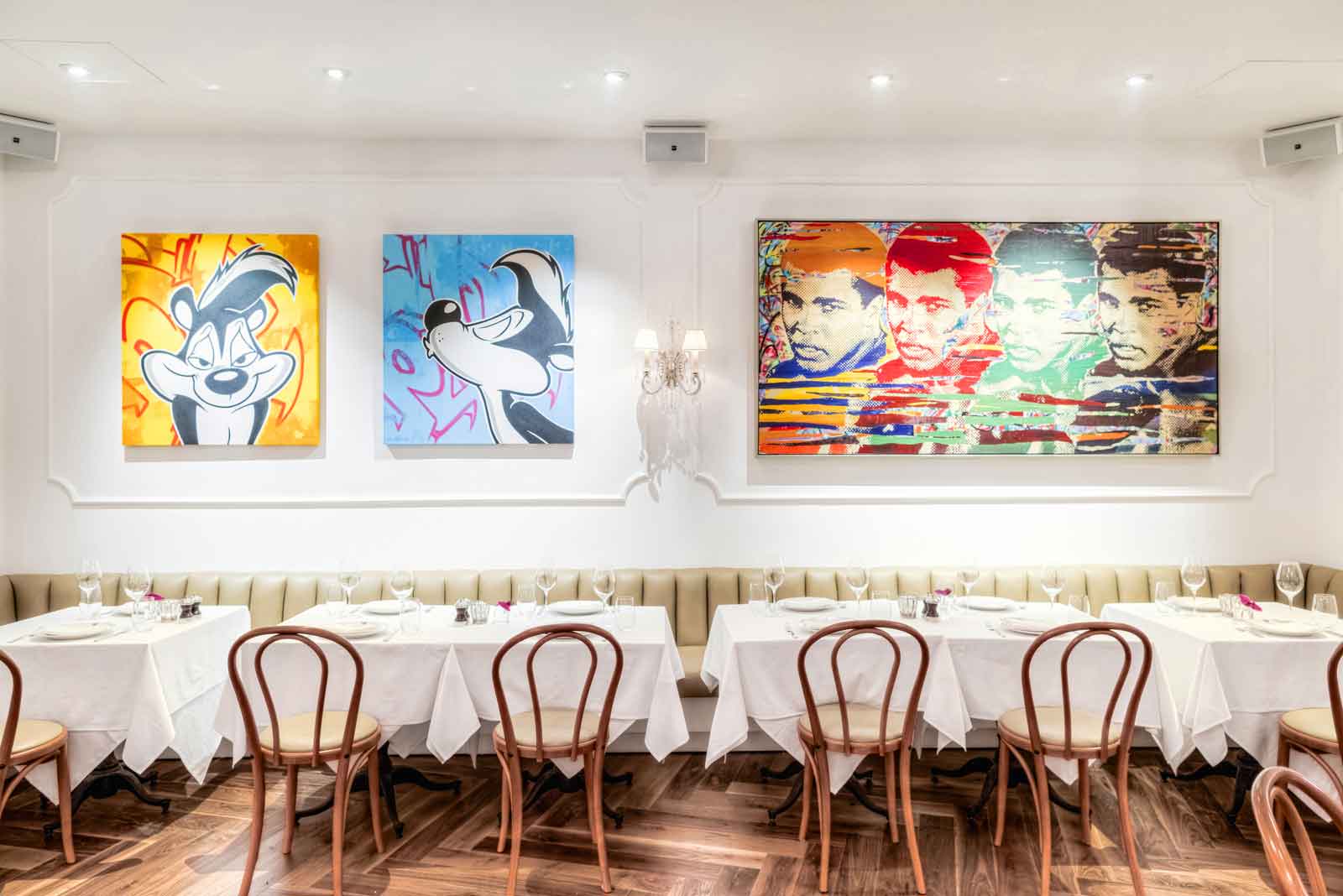Contemporary art adorns the walls at Bagatelle