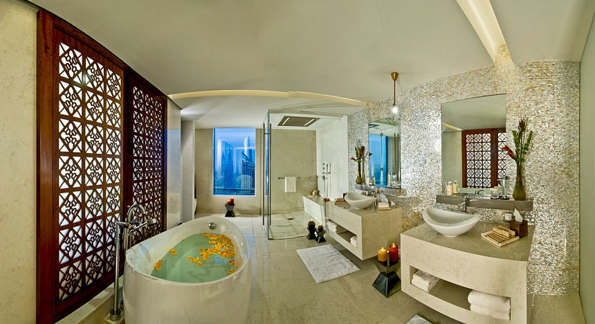 A lavish bathroom inside of the Monarch Suite