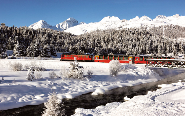 The UNESCO World Heritage Albula Line winds through the mountains of St. Moritz