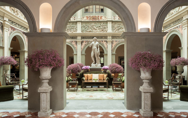 Expansive antique lobby at Four Seasons Hotel Firenze