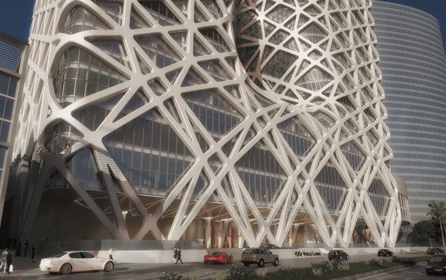 The 40-storey hotel has been designed as a monolithic block with a series of holes carved out of the centre, encased behind an impressive latticed exoskeleton that aims to add to the resort's ''dynamism''