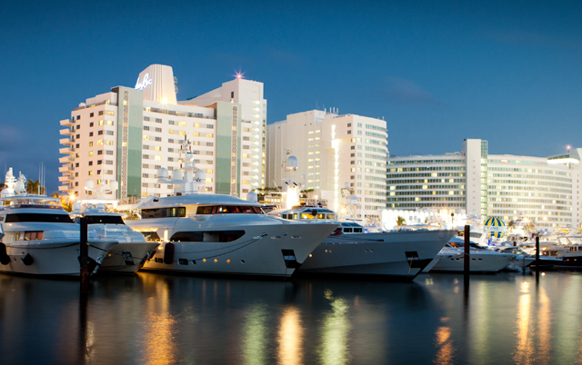 Yachts moored along the Intracoastal Waterway on Miami Beach