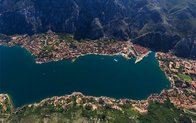 An aerial view of Kotor Bay from 1,300 metres