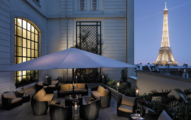 Eiffel Tower views from one of several outdoor terraces at Shangri-La Paris