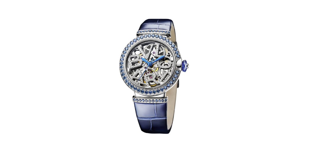the 33mm LVCEA SKELETON boasts an 18kt white gold 